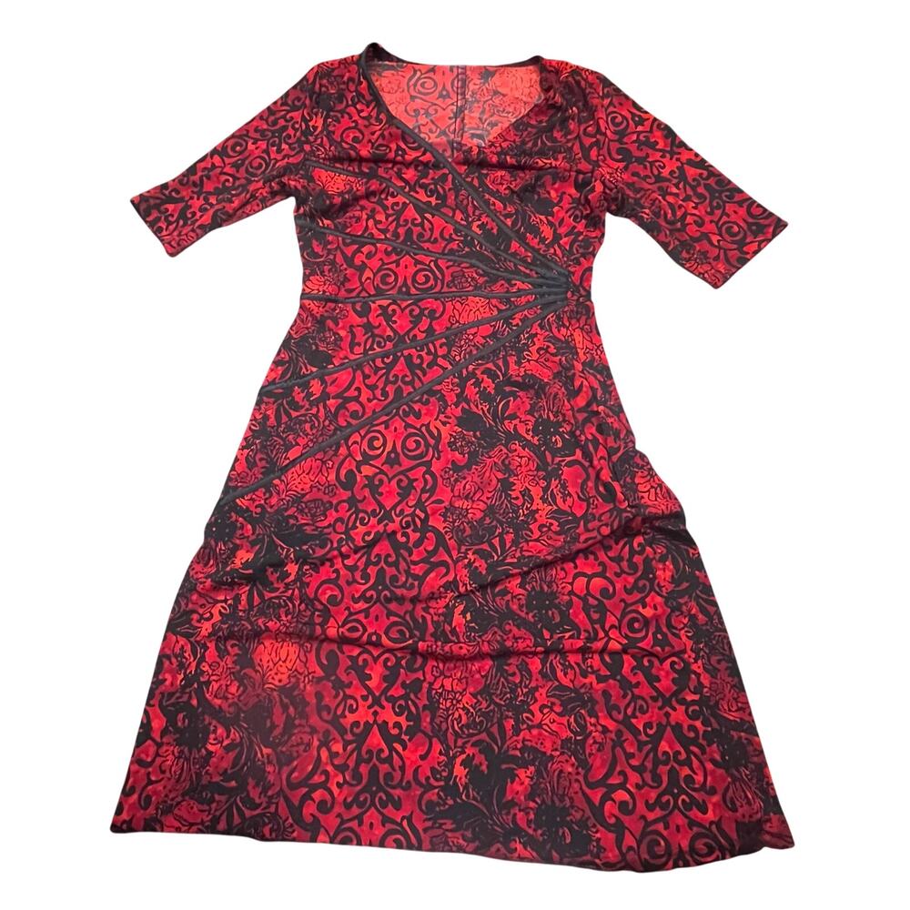 North Style Red Black Wrap Dress Womens Size‎ 8 Gothic Floral Midi Stretch Wrap